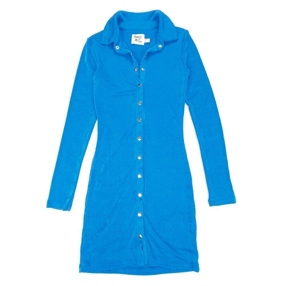 NEW Princess Polly Elody 90s Long Sleeve Knit Button Down Mini Dress Blue 2 y2k